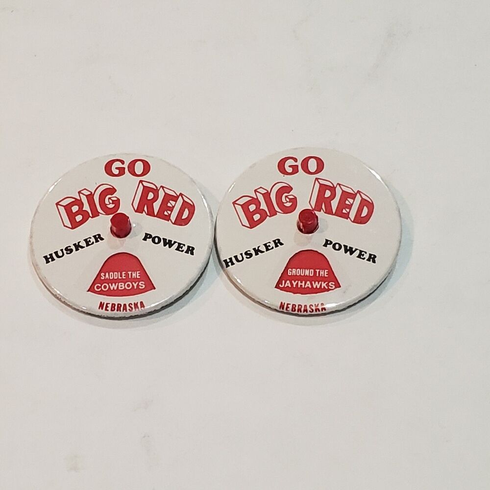Vintage Nebraska Cornhuskers Go Big Red Button Pins Lot of 2 Huskers Big 8 Teams